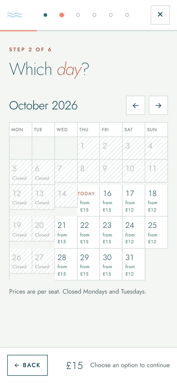 Step 2 of the booking flow: Date