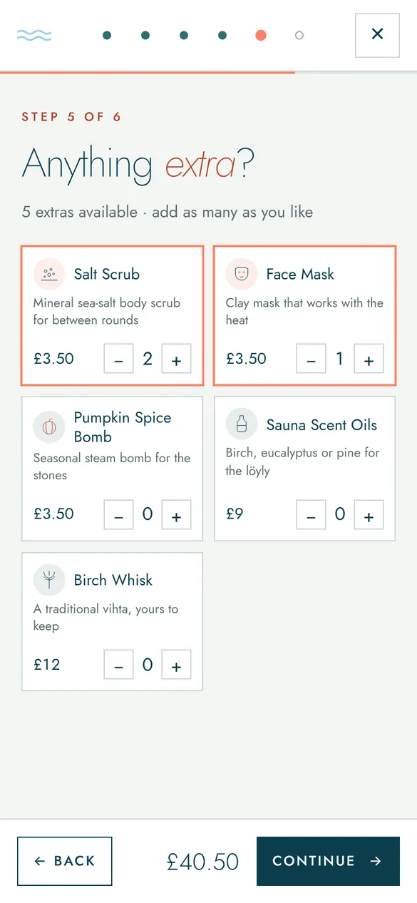Step 5 of the booking flow: Extras