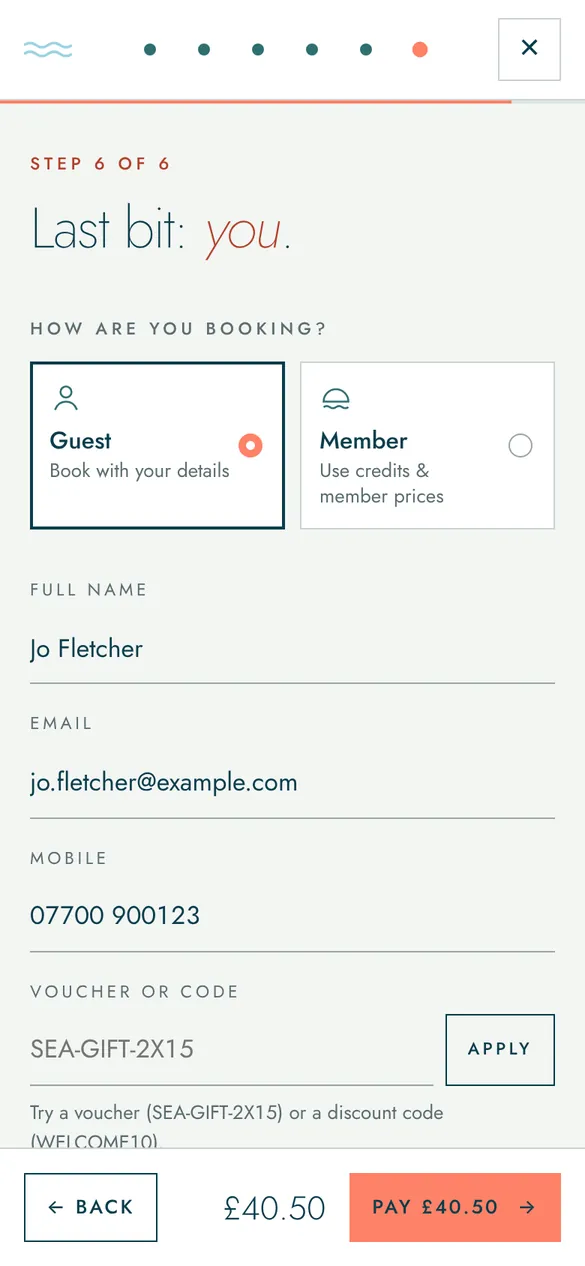 Step 6 of the booking flow: Pay